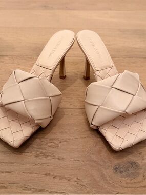 Cream Woven Knot High Heel Mules